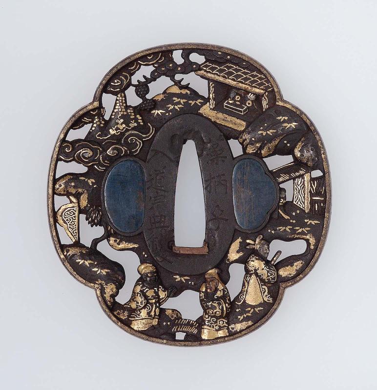 Tsuba with design of three heroes of the Sangokushi (Sanguozhi) on their way to Gentoku's (Xuande's) house