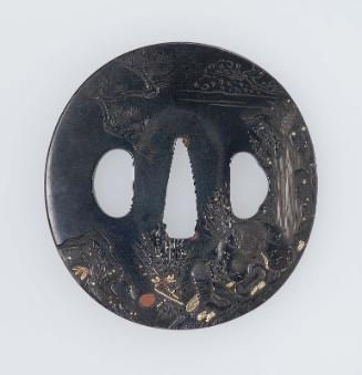 Tsuba with design of sleeping farmer by a waterfall