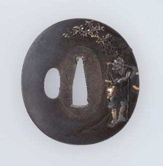 Tsuba with design of peasant carrying firewood and a sprig of cherry