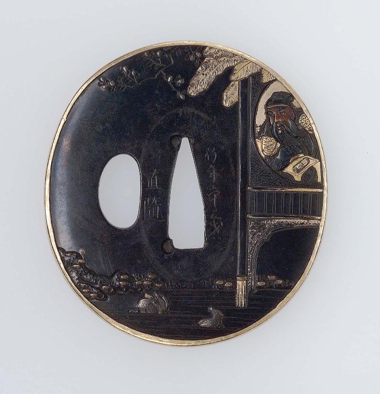 Tsuba with design of Chohi (Zhang Fei) with a scroll, from the Sangokushi (Sanguozhi)