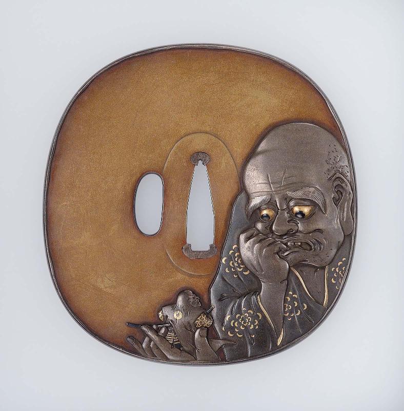 Tsuba with design of giant with a midget samurai