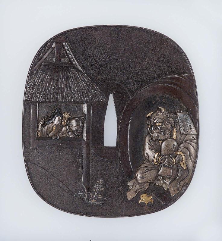 Tsuba with design of a couple looking out at a repentant oni