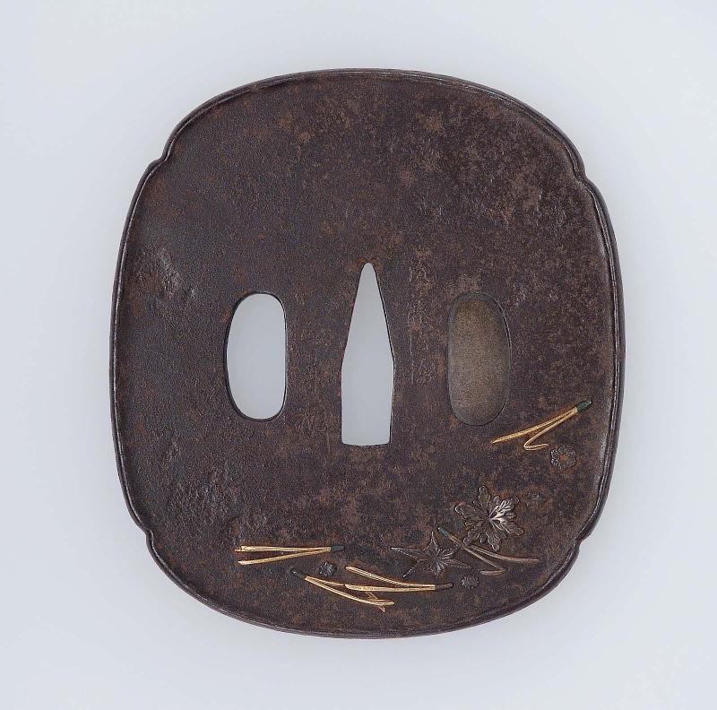 Tsuba with design of pine-needles and snowflakes