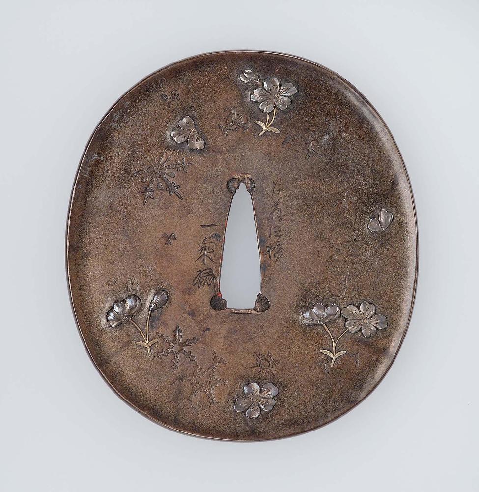 Tsuba with design of scattered cherry-blossoms and snowflakes