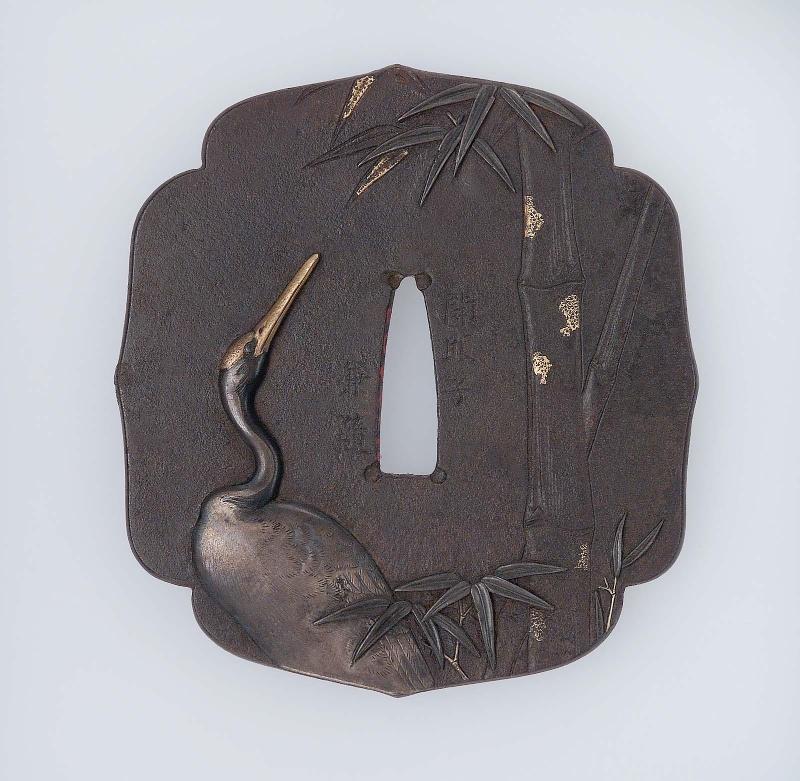 Tsuba with design of crane and bamboo