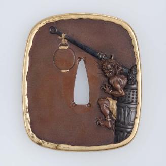 Tsuba with design of an oni carrying off a temple bell