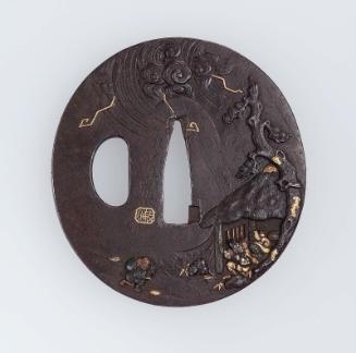 Tsuba with design of travelers sheltering from a storm