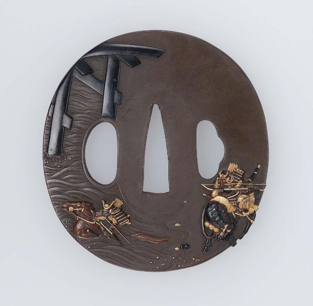 Tsuba with design of the race across the Uji River