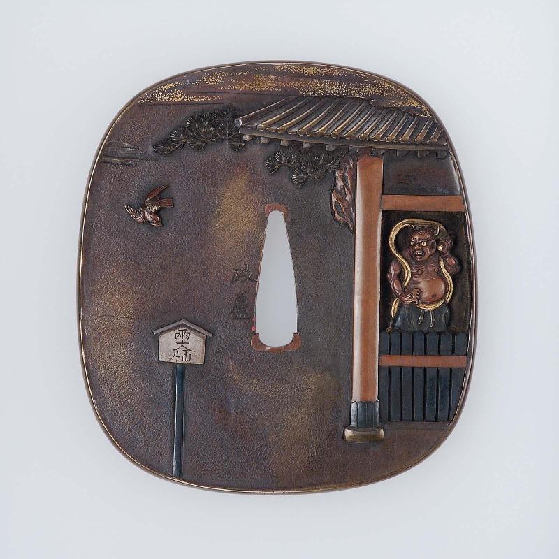 Tsuba with design of Nio and temple gate
