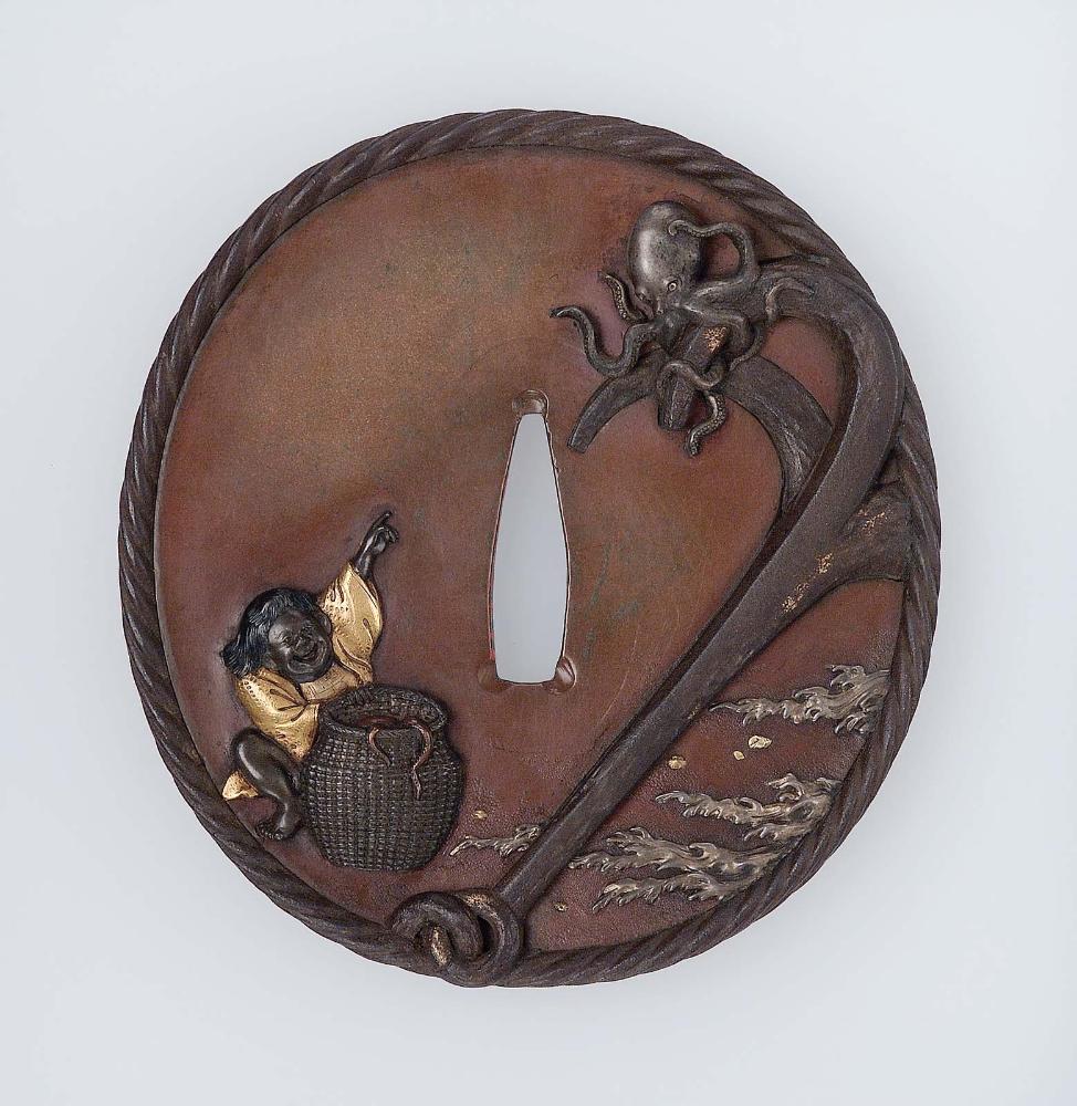 Tsuba with design of anchor, octopus and boy