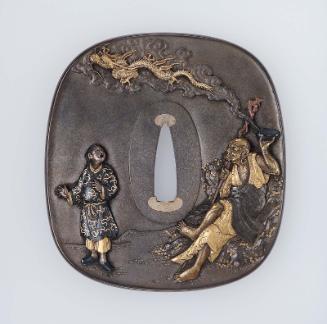 Tsuba with design of rakan, dragon and attendant