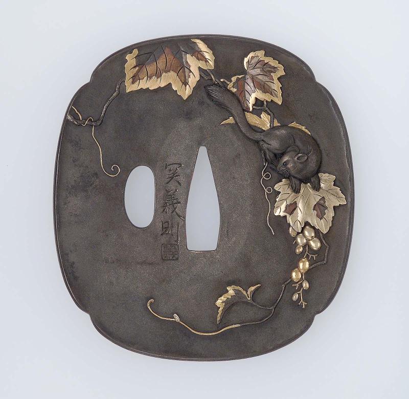 Tsuba with design of squirrel and vine