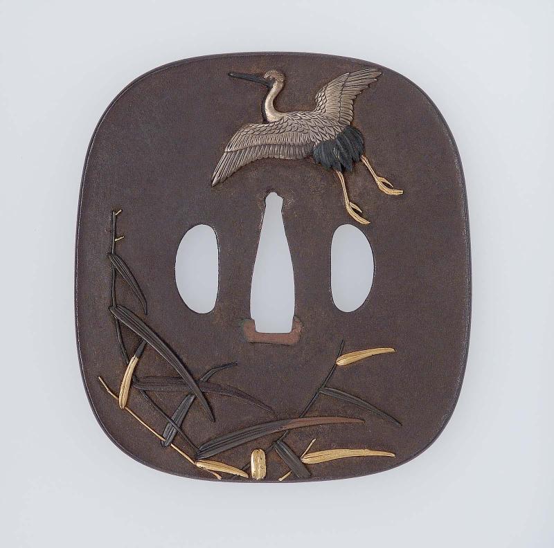 Tsuba with design of crane and reeds