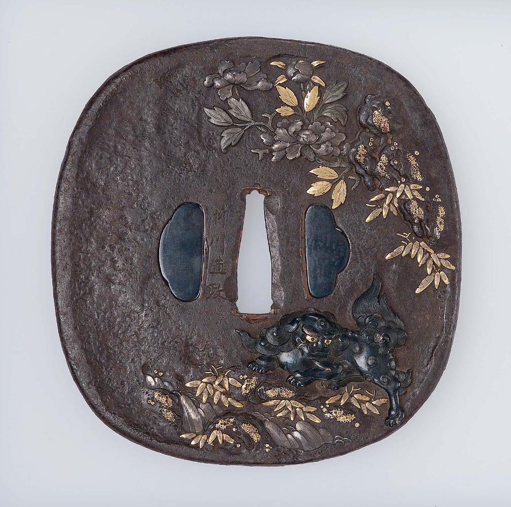 Tsuba with design of shishi and peonies