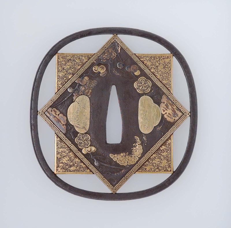Tsuba with design of intersecting squares with stylized snowflakes, plum-blossoms and other motifs