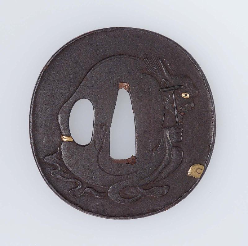 Tsuba with design of an oni with a striker, the other side modeled as the face of a gong