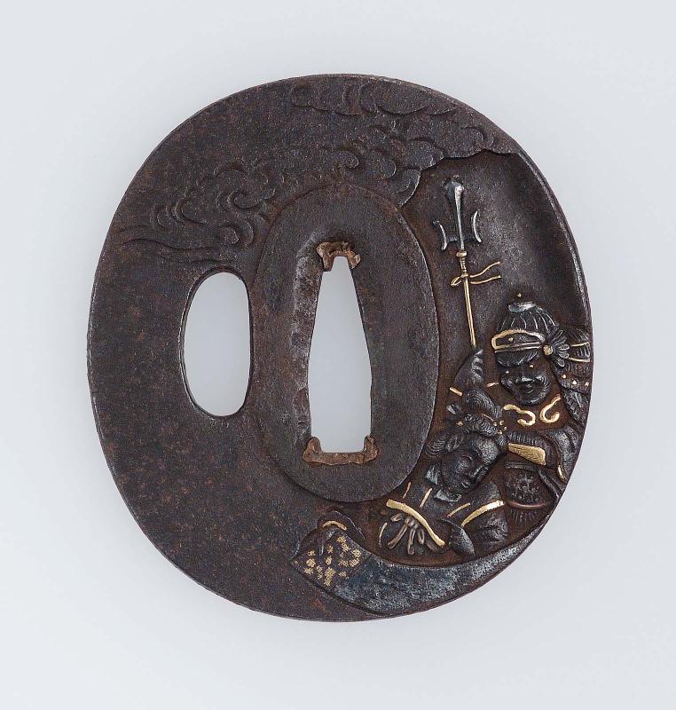 Tsuba with design of Bishamon and Benten, two of the Seven Gods of Good Fortune