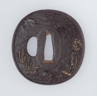 Tsuba with design of peasant with sickle, scouring rushes and moon