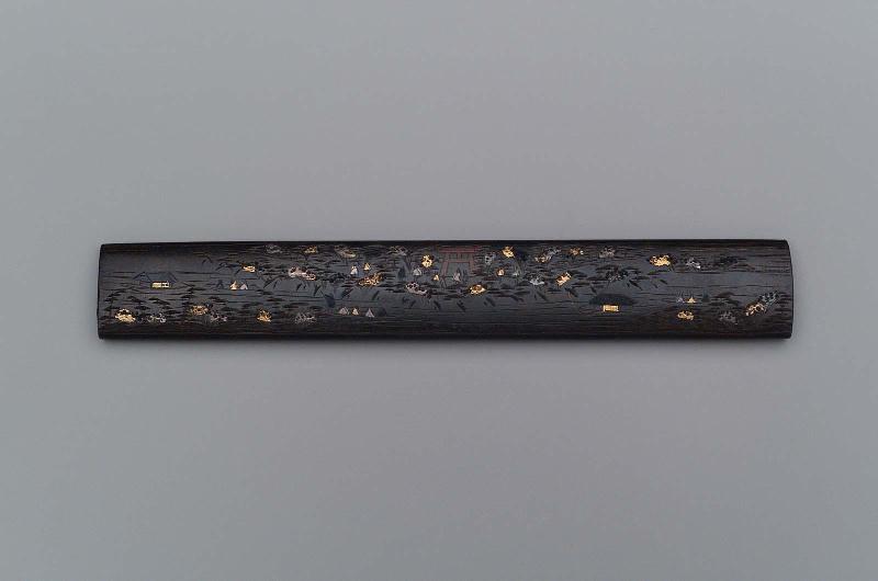 Kozuka with design of riverscape with torii