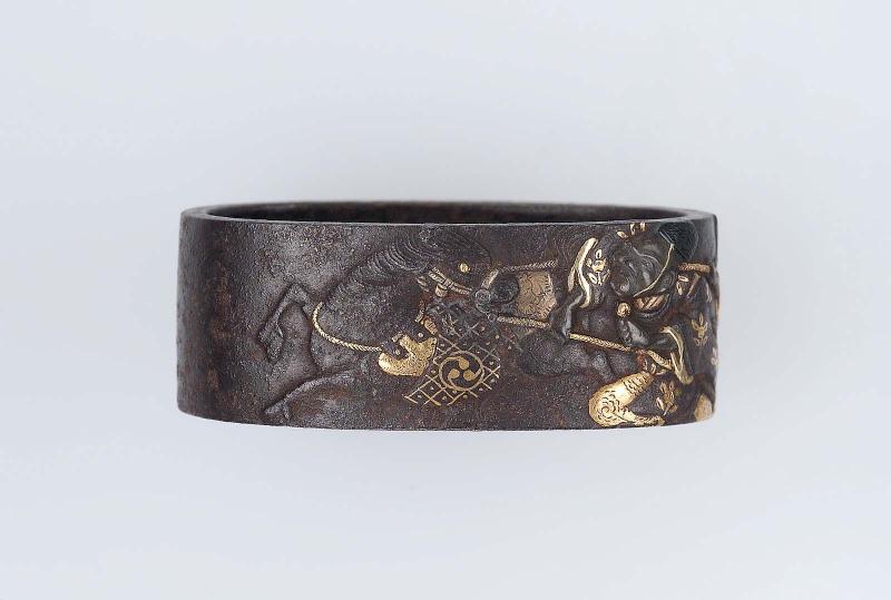 Fuchi with design of two courtiers struggling with a runaway horse