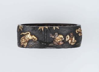 Fuchi with design of rakan and tiger in a bamboo grove