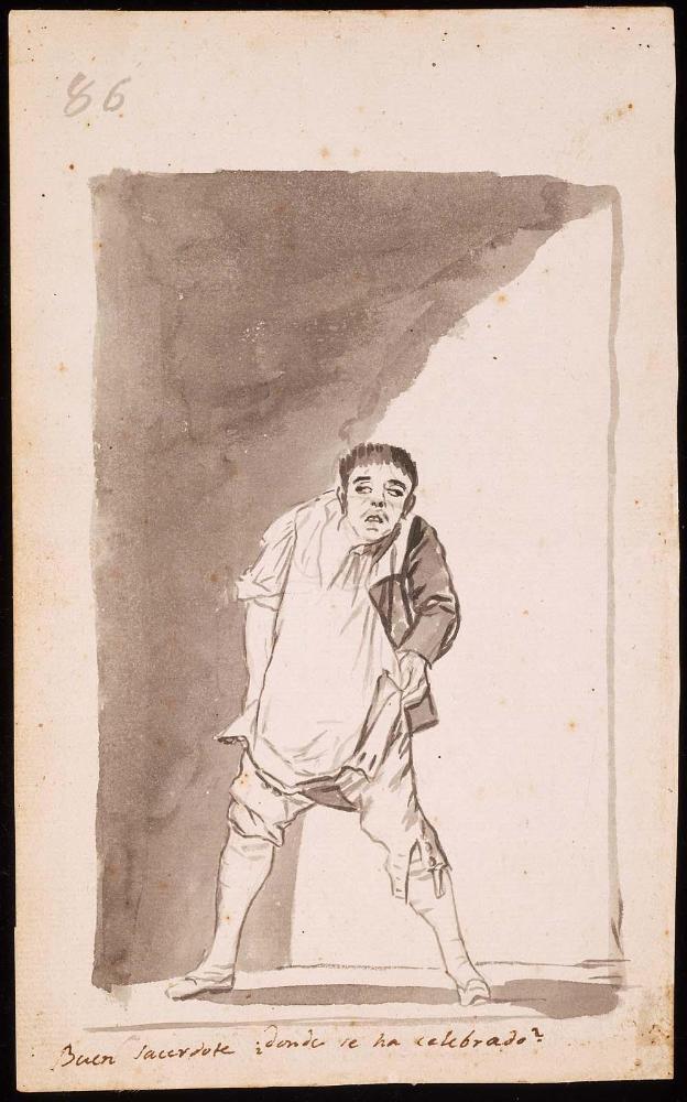 Good Priest, Where Was It Celebrated? (Buen sacerdote, ¿donde se ha celebrado?) {Man Pulling Up his Breeches]
Album B, 86 (verso of double-sided drawing)