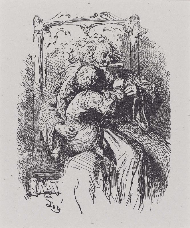 Illustration: Child Seated on Lap of Old Man Helping Him to Sip from Chalice