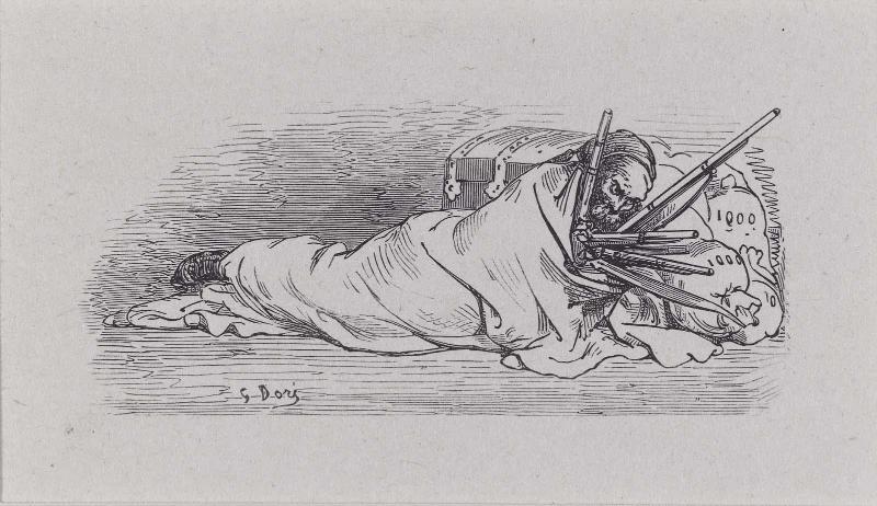 Illustration: Bandit (?) with Arms and Treasure (turbaned figure wrapped in cloth, lying on ground)