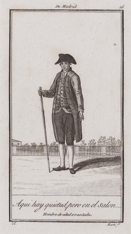 De Madrid 16, Aqui hay quietud, perp en el salon...Hombre de edad avanzada, from Antonio Rodriguez, Colección de los trages que en la actualidad se usan en España