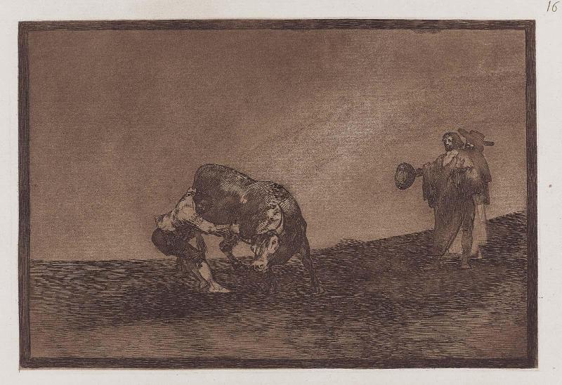 El mismo vuelca un toro en la plaza de Madrid. (The same person [i.e. "Martincho"] makes a bull turn in the Madrid ring); from the series "Tauromaquia" (Bullfighting), plate 16