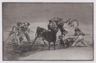 Palenque de los moros hecho con burros para defenderse del toro embolado. (Barricades that the Moors made with donkeys to defend themselves from a bull with covered horns); from the series "Tauromaquia" (Bullfighting), plate 17