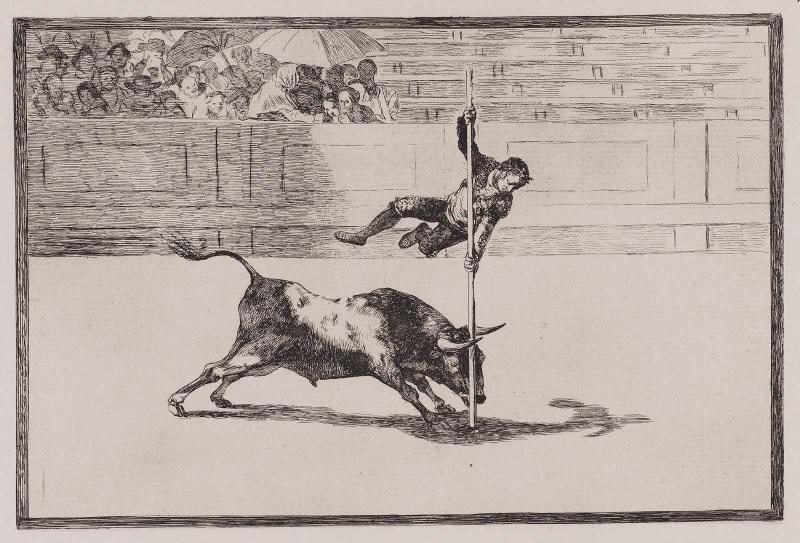 Ligereza y atrevimiento de Juanito Apiñani en la de Madrid. (The agility and audacity of Juanito Apiñani in [the ring] at Madrid); from the series "Tauromaquia" (Bullfighting), plate 20