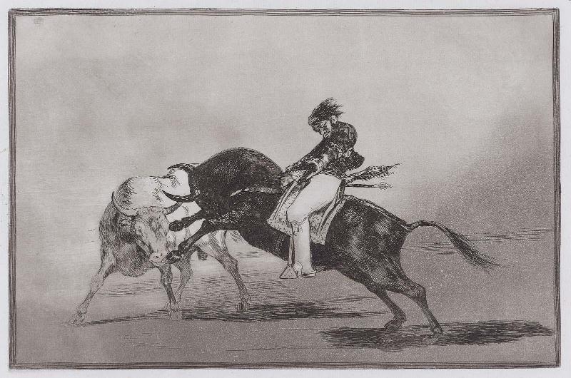 El mismo Ceballos montado sobre otro toro quiebra rejones en la plaza de Madrid (The same Ceballos mounted on another bull breaks short spears in the ring at Madrid); from the series "Tauromaquia" (Bullfighting), plate 24