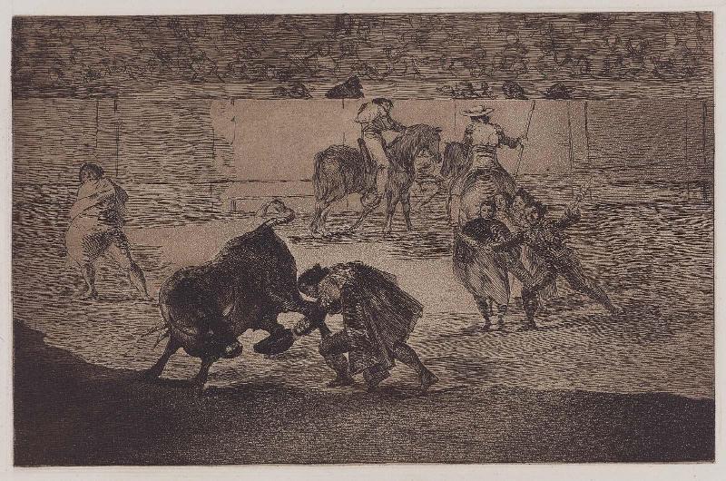 Pepe Illo haciendo el recorte al toro. (Pepe Illo making the pass of the "recorte"); from the series "Tauromaquia" (Bullfighting), plate 29