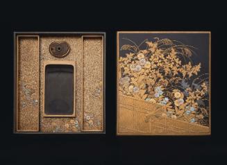 Writing box (suzuribako) with maki-e decoration of autumn flowers over a fence