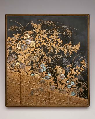 Writing box (suzuribako) with maki-e decoration of autumn flowers over a fence