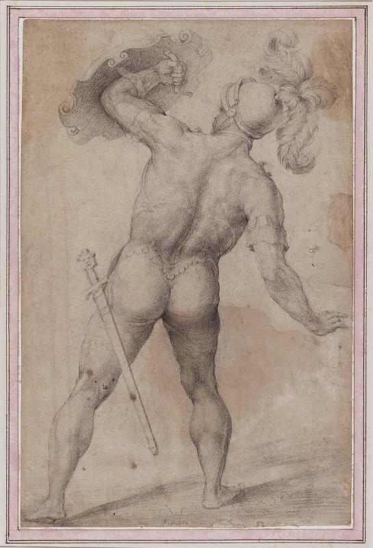 Warrior with Raised Shield, Seen from Behind