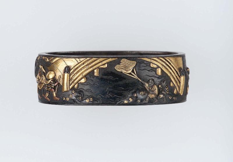 Fuchi with design of bridge, travelers and kite-fliers