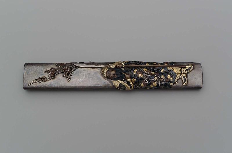 Kozuka with design of Shoki and cherry-blossom