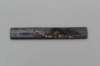 Kozuka with design of a pine-clad shore with huts and a boatman