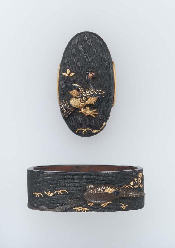 Fuchi-kashira with designs of pheasants