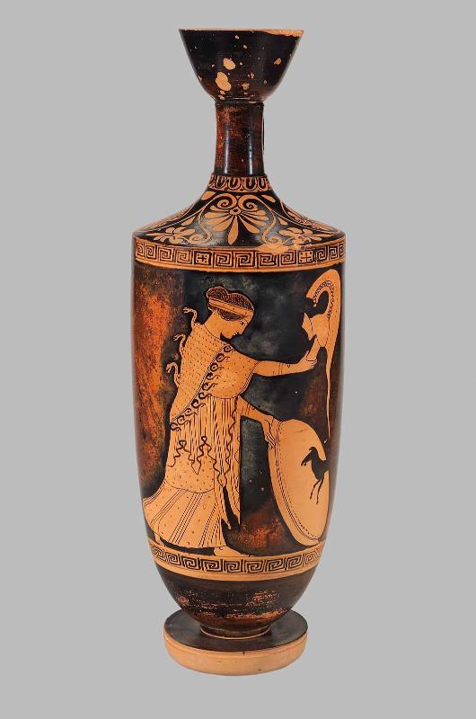 Oil flask (lekythos) depicting Athena holding helmet and shield