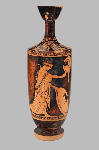 Oil flask (lekythos) depicting Athena holding helmet and shield