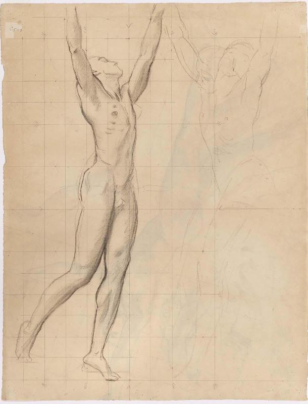 Double- sided drawing for "Apollo in his Chariot with the Hours"(MFA Stairway)
a. (Recto)Two  Sketches of Male Nude (front view)
b. (Verso) Various sketches: male nude, limbs, and compositional designs