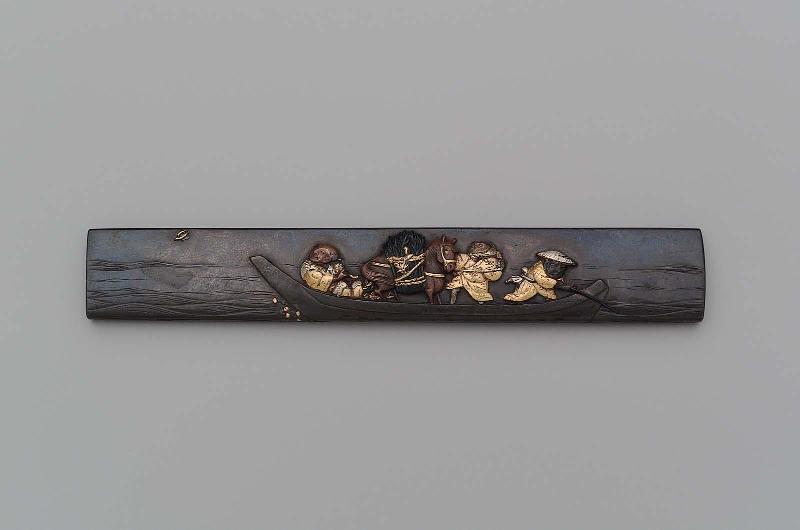 Kozuka with design of farmers and a packhorse in a ferry-boat