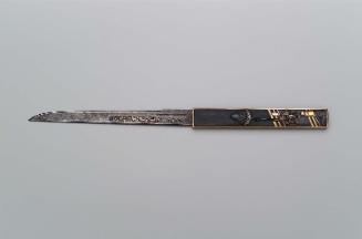 Kozuka with design of samurai attendant with a banner crossing a bridge