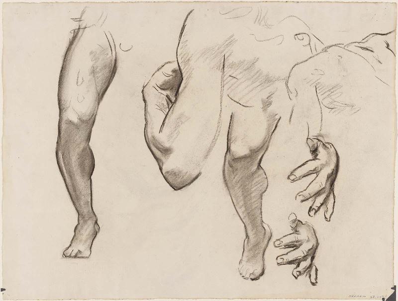 Leg, Arm and Hand Study for Architecture, Painting and Sculpture (Sculpture); Drapery studies (verso)