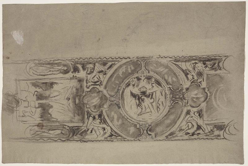 Double-sided Drawing for Boston Public Library Murals
a. (Recto) Sketch for the Mysteries - Ceiling Study
b. (Verso) Architectural Study