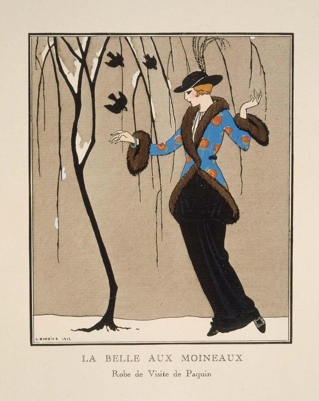 "La Belle aux Moineaux - Robe de Visite de Paquin," plate V from Gazette du Bon Ton, Volume 1, No. 2