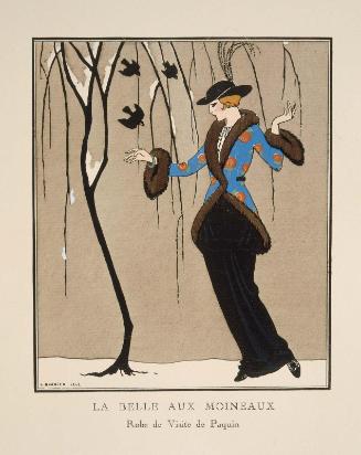 "La Belle aux Moineaux - Robe de Visite de Paquin," plate V from Gazette du Bon Ton, Volume 1, No. 2